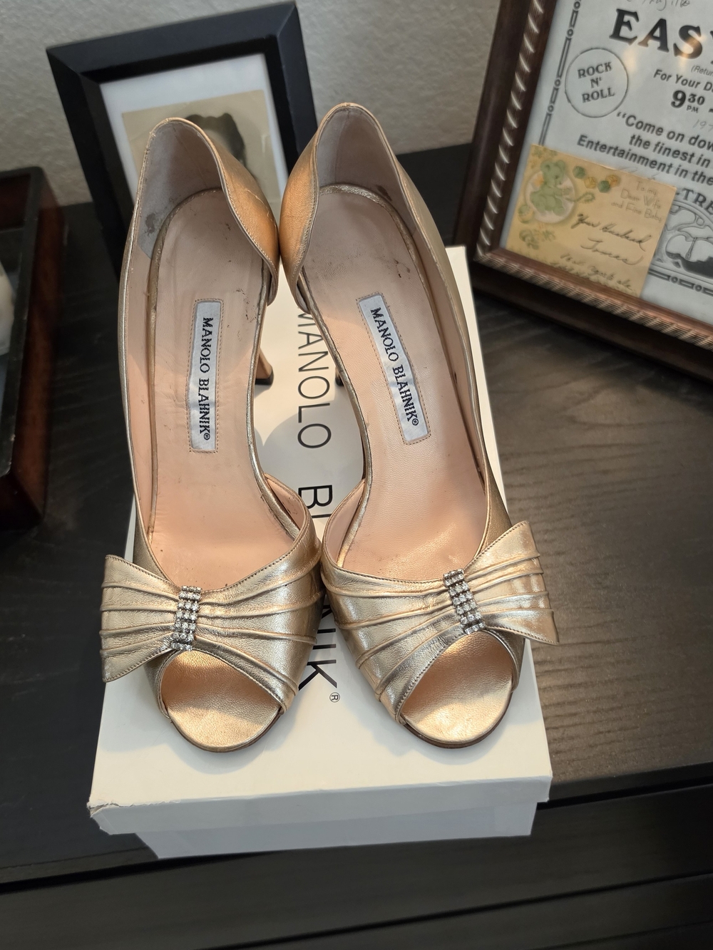 Manolo Blahnik Gold Satin Peep-Toe Pumps with Bow and Rhinestone Detail